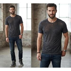 John Varvatos Star USA Burnout Pocket Tee Charcoal Gray Rocker Grunge Summer L